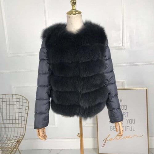 2019 new style real fox fur coat with down sleeves stand collar with zipper Down jacket with fur warm Comfortable fashionOutwear