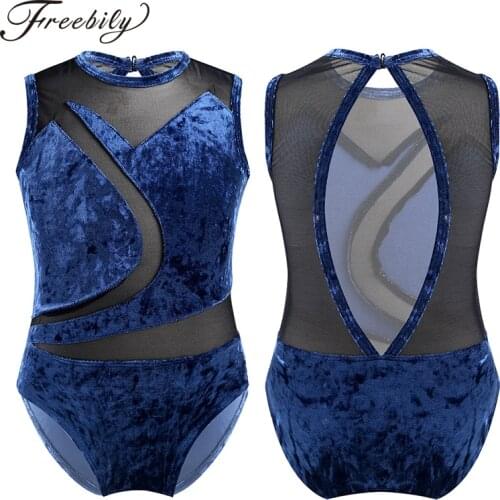 Girls Sleeveless Soft Pleuche Mesh Splice Ballet Leotards Dance Wear Kids Gymnastics Leotard Bodysuit Child Stage Dance Costume