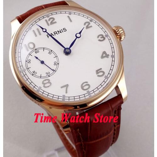 Parnis 44mm white dial golden case brown leather strap 6497 mechanical hand chain movement Mens watch 220