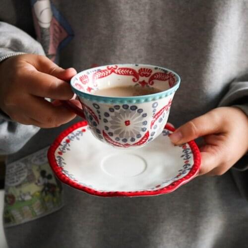 Japanese f family underglaze color exotic style, hand pinch irregular coffee cup plate / tea cup with plate