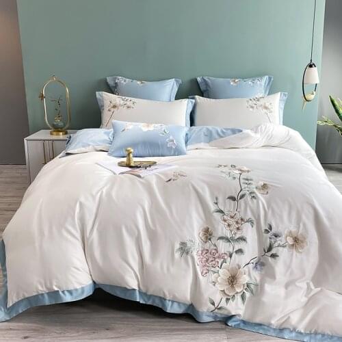 Luxury 600TC egyptian cotton Queen King Bedding Set 4/7pcs Bed cover Bedsheet white flowDuvet Cover Elegant embroidery Bed set
