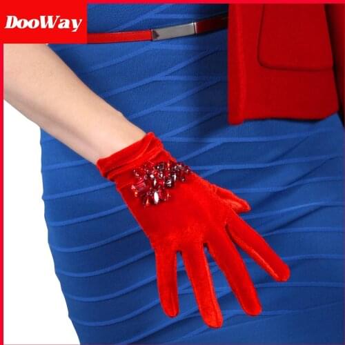 DooWay Luxury Short Velvet Gloves Embroidery Crystal Rhinestones Stretchy Evening Dress Dancing Wrist Banquet Gloves
