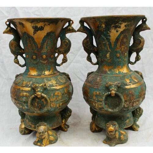 USPS to USA S1683 11" Old Folk Chinese Culture Dynasty Bronze Lion Phoenix Statue Pot Vase Pair