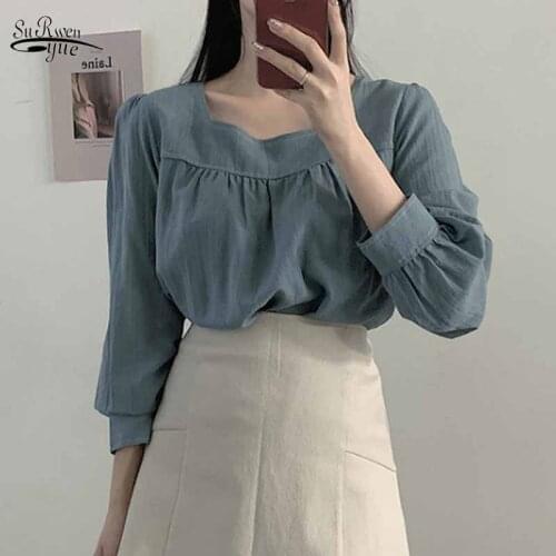 Plus Size Women Clothing Sweet Korean Style Square Collar Solid Color Blouse Women Long Puff Sleeve Splicing Shirts Blusas 11667