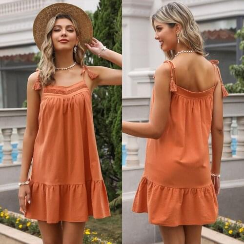 Summer Dress Womens Sexy Backless Tassel Lace Up Solid Mini Dresss Elegant Women Loose Ruffles Boho Vestido New Arrival 2021
