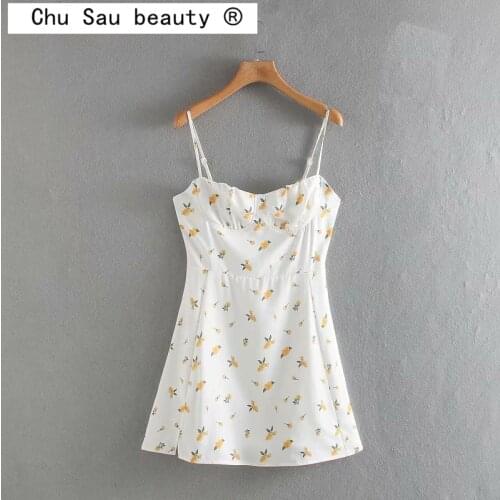 Chu Sau beauty Summer Slim Wild Dress Woman Casual Fashion Holiday Backless Floral Print Split Mini Suspender Dresses Woman