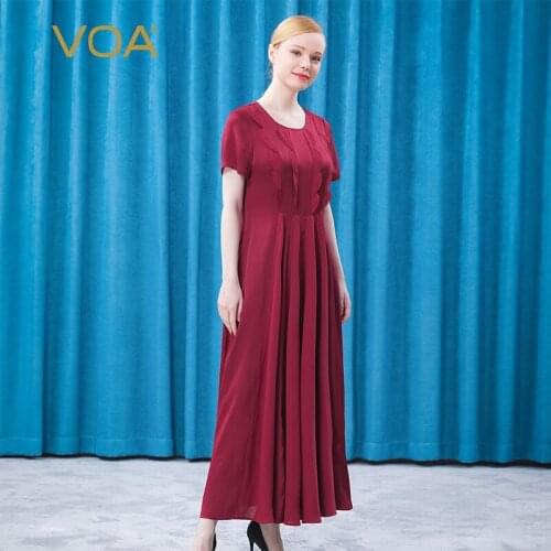 VOA Heavy Silk Dark Red Elegant Round Neck Wood Ear Three-dimensional Silk Decoration Bump Big Swing Dresses for Women AE717