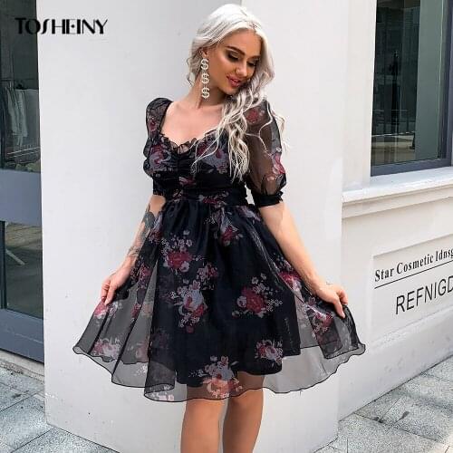 Tosheiny Women Vintage Floral Print Dresses Sexy Ruffles Elegant Summer Mesh Party Dress M0620