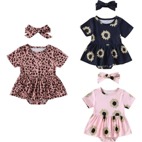 2021-02-24 Lioraitiin 0-18M 2Pcs Set Newborn Baby Girl Bodysuit Short Sleeve O-Neck Leopard Printed Dress Patchwork Outfit