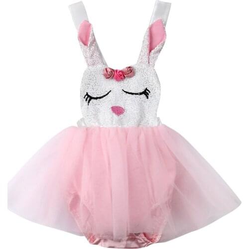 2021 Brand New Infant Kids Baby Girls Easter Romper Dress Sequin Rabbit Print Lace Patchwork Sleeveless Jumpsuits Bunny Dress