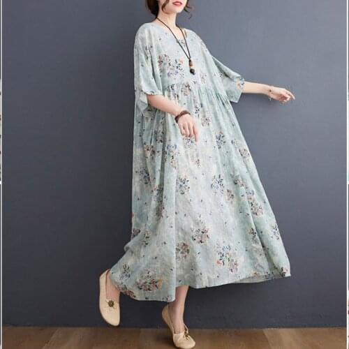 2021 Summer New Batwing Women Dress Plus Size Cotton Linen Maxi Boho Beach Dress Vintage One Piece Floral Dress Sundress 5XL 6XL