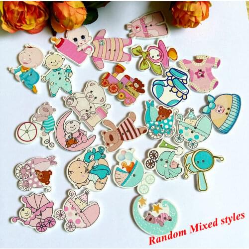 80PCs Random Mixed Decorative Buttons Lovely Doll series 2 Holes Sewing Wooden Buttons for craft