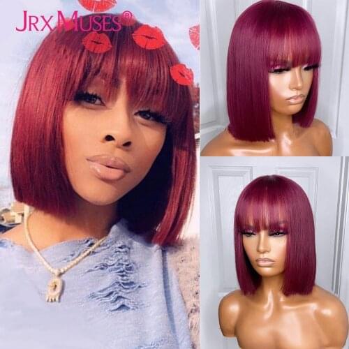 99J Burgundy Short Cut Bob Wig with Bangs Peruvian Straight Full Machine Made 613 Blonde Bob Human Hair Wigs for Black Women
