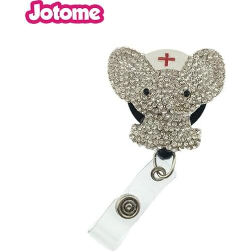 10pcs/lot Cute Elephant clear Rhinestone Medical Retractable animal Nurse ID Badge Holder reel