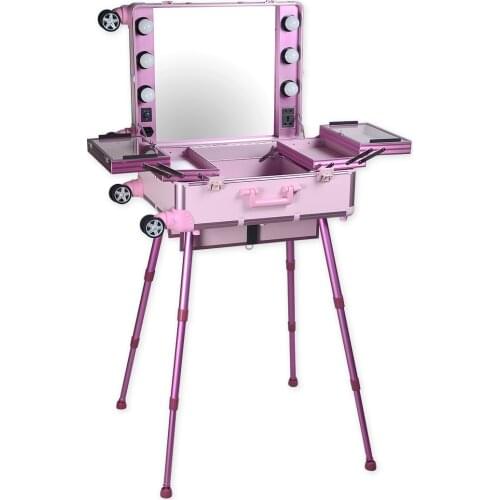 Aluminium trolley cosmetic case with lights mirror and stands, Makeup aritist hairdressing beauty trolley case
