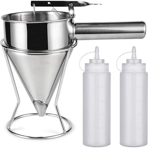 Batter Dispenser Pancake Batter Dispenser, Stainless Steel Stirring Batter Separator Funnels with Handle & Rack
