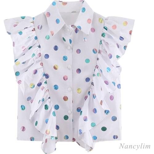 Polka Dot Ruffled Short Shirt Womens Sleeveless Crop Top 2021 Summer Korean Style Girls Ladies All-Match Blouses Blusas Femme