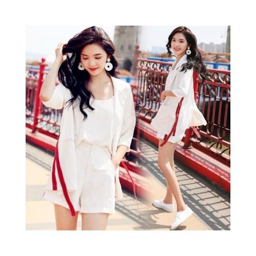 Womens set cotton linen two pieces suit casual tracksuit outfits loose blazer+elastic waist wide leg shorts suits