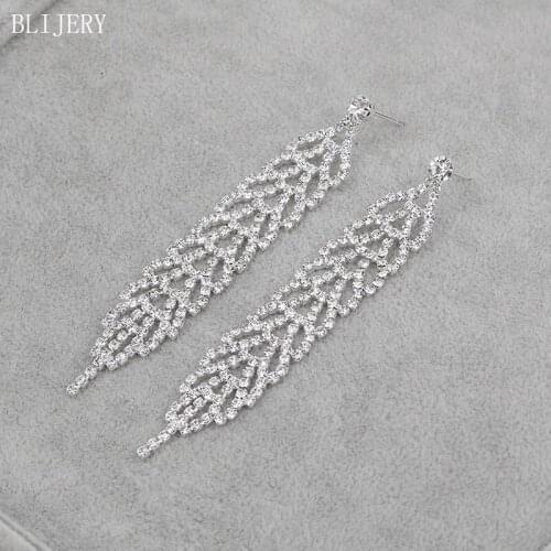 BLIJERY Diamante Silver Color Rhinestone Wedding Earrings for Women Jewelry Crystal Leaf Shape Bridal Long Drop Earrings