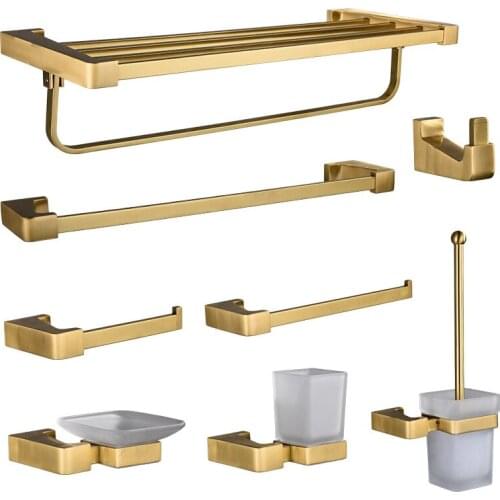 MTTUZK Bass Brushed Gold Towel Rack,Towel Bar,Shelf, Brass Brushed Hardware set,Robe Hook,Toilet Brush Bathroom Accessories