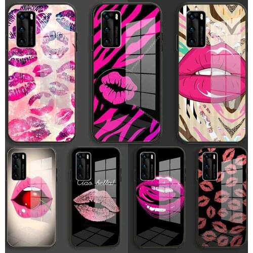 Soft Glass Case For Huawei P40 P30 P20 Pro Lite Plus p30lite p40lite E P samrt 2020 Coque TPU Cover Pink Sexy lips