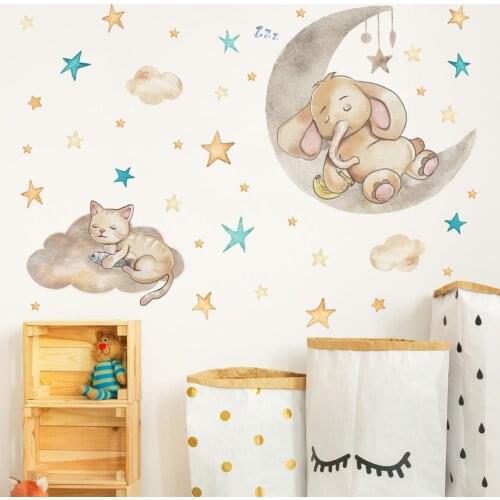 Cartoon elephant sleeping on the moon and stars wall stickers childrens room baby room decoration wall decals room interior