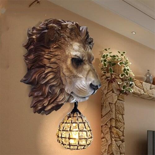 Nordic American Animal Lion Head Wall Lamps Carving Deco Resin Sconce Wall Lights Bar Living Room Dining Room House Fixtures