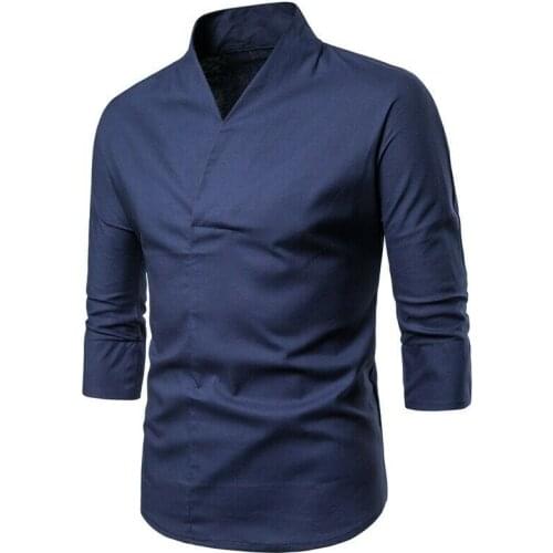 2020 New Men 3/4 Sleeves V Neck Shirt Hanfu Chinese Style Tops Thin Casual Blouse Solid Color Versatile Personality