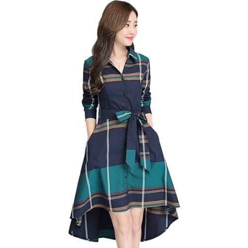 Single-breasted Plaid Dress Women 2019 Spring Summer Long sleeve Irregular Dresses Female Belt Slim Plus size Long Dresses H806
