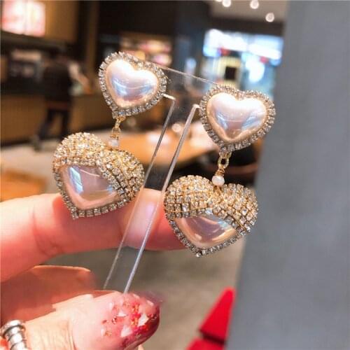 OSHUER Gold Handmade Crystal Heart Pearl Cute Korean Earrings for Women Stud Earrings Fashion Jewelry Party Gift
