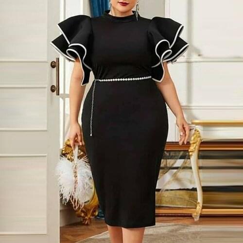 Wrapped Sexy dress plus size Round Neck Ruffled Short-sleeved Tight-fitting Knee-length Skirt Solid Color Dress black curve midi