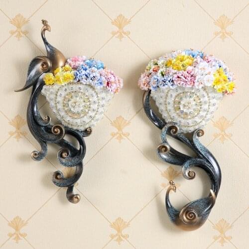 Luxury Wall Hanging Phoenix Resin Vase+Artificial Flower Decoration Crafts Home Livingroom 3D TV Wall Background Mural Ornaments