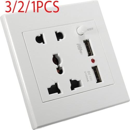 3/2/1pcs White PC Flame-resistant 2 Ports USB Outlet Wall Charger Socket For Cellphone Universal 2100mA 5V 2 USB Wall Socket