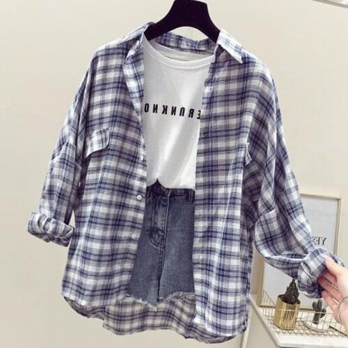 Shirts Women Long Sleeve Plaid All-match Trendy Korean Style Simple Shirt Womens Clothing Loose Leisure Harajuku Summer Blouses