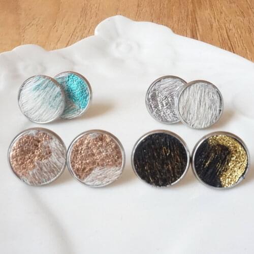 Genuine Fur Leather Mosaic Round Stainless Steel Post Earrings for Women Fashion Metal Print Leather Jewelry