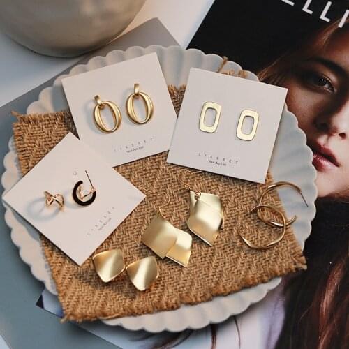2019 NEW Chic Gold Geometric Round Square Irregular Hollow Leaves Matte Twisted Metal Earrings for Women Girls