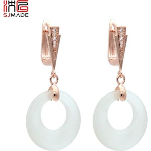 SJMADE 2019 Fashion 585 Rose Gold Round Annular White Opal Dangle Earrings For Women Girl Wedding Party Classic Elegant Jewelry