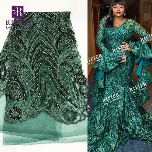 Sequined Embroidered Mesh Tulle Lace Fabric In Green Color African French Net Lace Wedding Bride Dresses Fabrics With Sequins