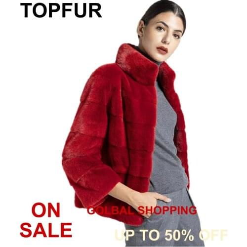 TOPFUR Bright Red Short Leather Mink Fur Jacket Plus Size Winter Coat Women Nine Quarter Sleeves Mink Fur Warm Coat