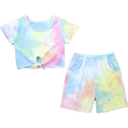 Girls Boys Unisex Sport Outfits Summer Tie Dye Print Short Sleeves T-shirt with Shorts Children Fitness Running Gym Casual Wear