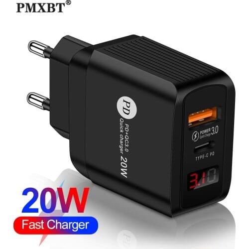 20W Type C Quick Charge Adapter LED Display USB Charger For iPhone 12 Mobile Phone EU US UK Plug Fast Charging USB C PD Charger