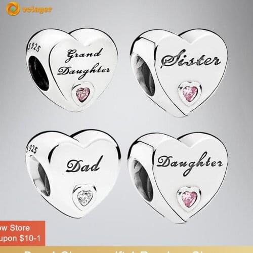 Volayer 925 Sterling Silver Beads Sister Daughter Family Heart Charms fit Original Pandora Bracelets for Women Jewelry Gift