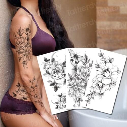 Sexy Flower Temporary Tattoos For Women Body Art Painting Arm Legs Tattoos Sticker Realistic Fake Black Rose Waterproof Tattoos