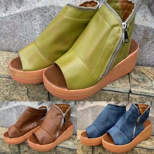Ladies Wedges High Heel Zipper Sandals Women Plus Size PU Sandlas Casual Platform Fismouth Shoes 35-43