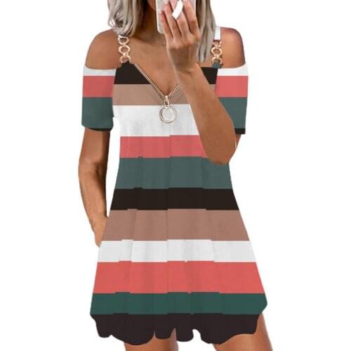 Mini Dress Feather Print V Neck Women Metal Ring Sling Zipper Dress for Daily Wear