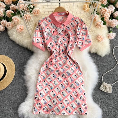 Summer new printed cheongsam Dress Lapel temperament commuting woman dress Short sleeve dresses for women 2021