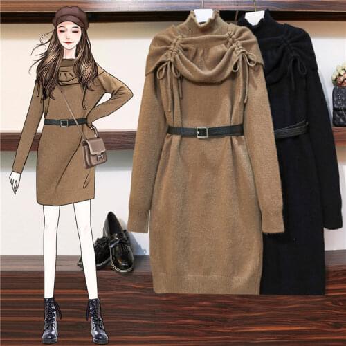2021 Spring AAutumn New Plus Size Womens Thick Sweater Dress Korean Fashion Black Khaki High Neck kKnitted Vestidos Female e017