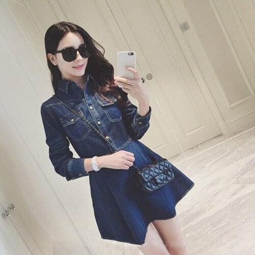 Women spring dresses Cultivate ones morality a-line Single button dresses Tall waist plus size Pure color cowboy dresses