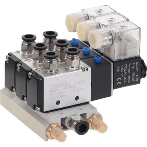 1pcs 3Way 4V210-08 Pneumatic DC12V DC24V AC110 AC220 Triple Solenoid Valve w Base Push In Connectors Silencer