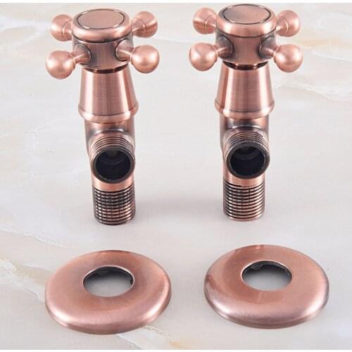 2Pcs Antique Red Copper Brass Vintage Retro Cross Handles Bathroom Angle Stop Valve 1/2" Male x 1/2" Male Thread aav012